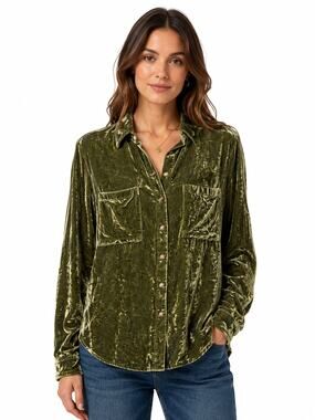 Anthropologie Maeve Olive Crushed Velvet Button Front Shirt Size 12